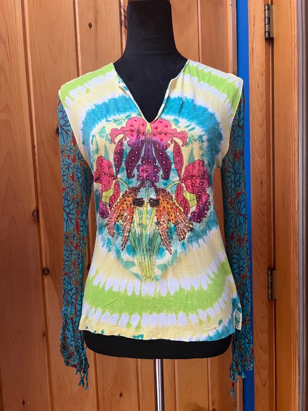 Vintage Cache Bohemian Floral Tie-Dye Long Sheer Sleeve Top orchid birds retro M